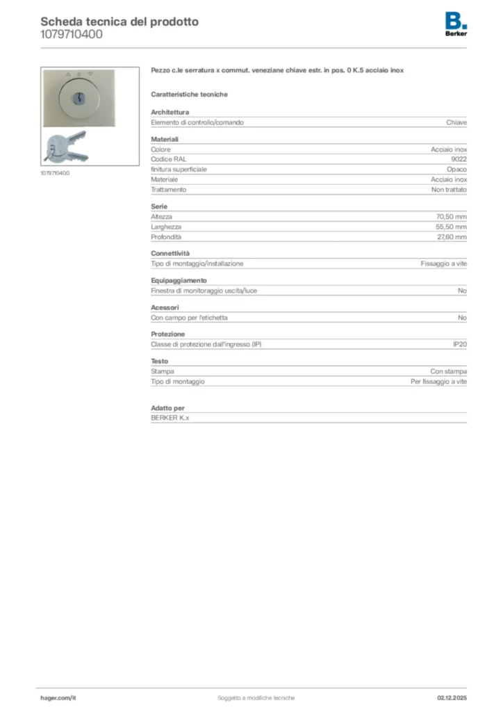 Immagine Berker Scheda tecnica del prodotto 1079710400 | Hager Italia