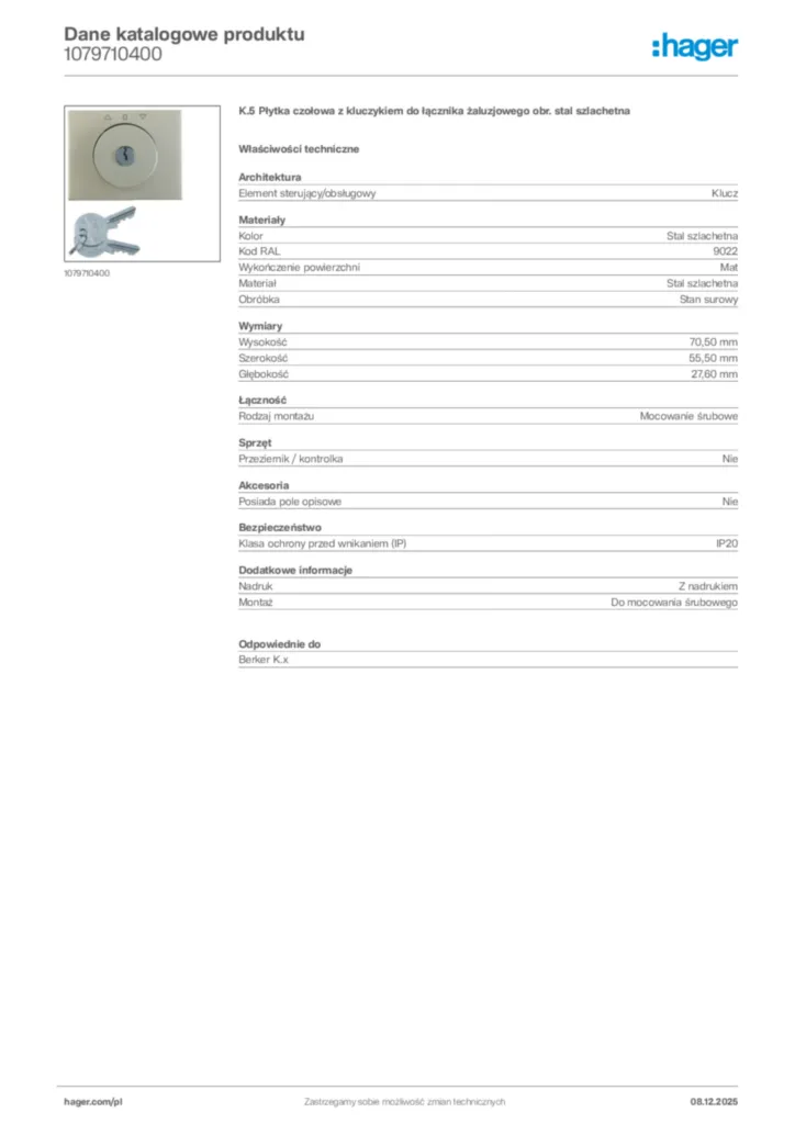 Zdjęcie Hager Karta katalogowa 1079710400 | Hager Polska