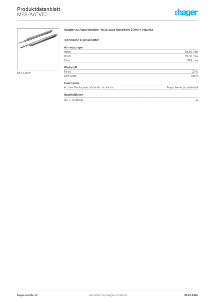 Bild Hager Produktdatenblatt MES-AATV50 | Hager Schweiz