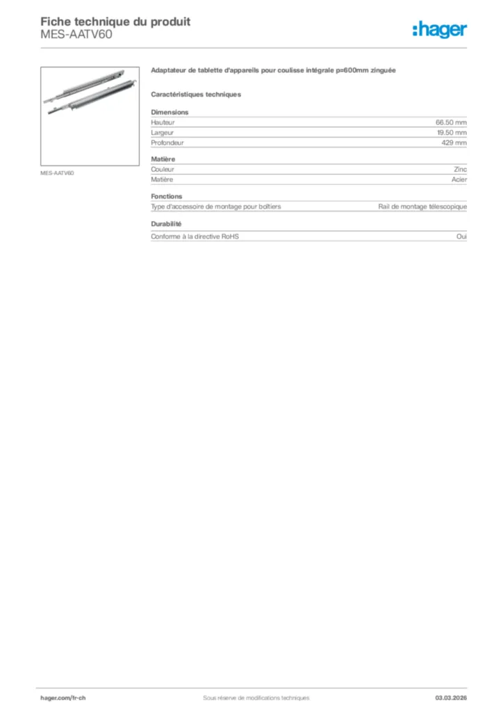 Image Hager Fiche technique du produit MES-AATV60 | Hager Suisse