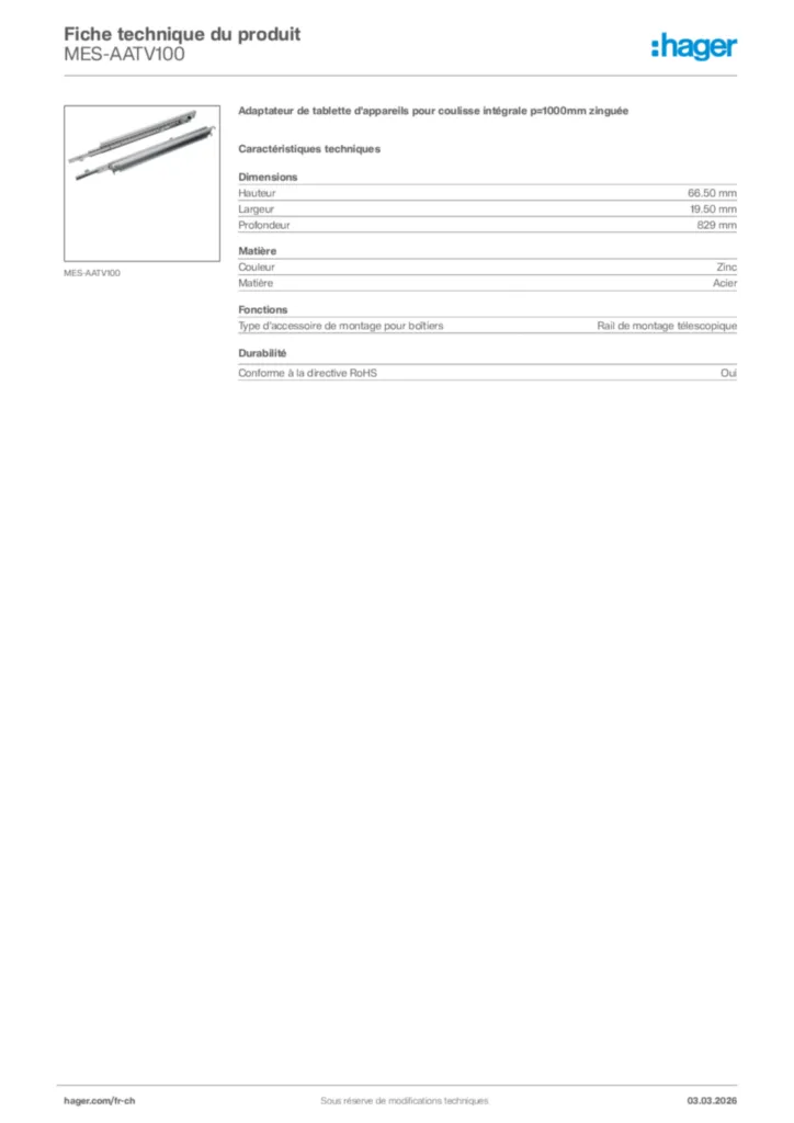 Image Hager Fiche technique du produit MES-AATV100 | Hager Suisse