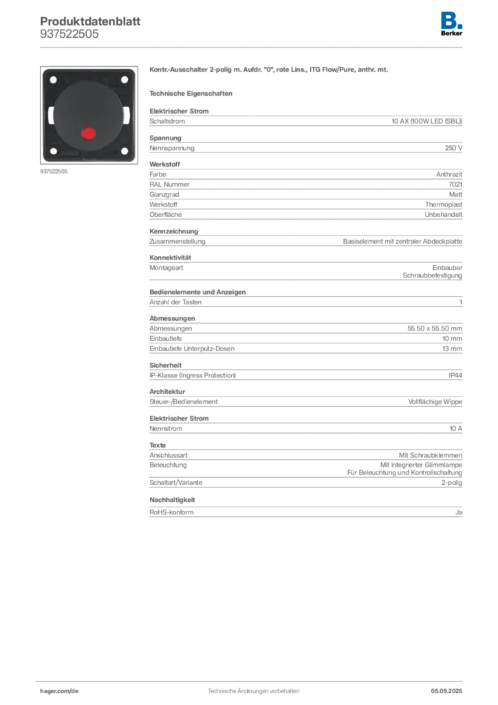 Bild Berker Produktdatenblatt 937522505 | Hager Deutschland