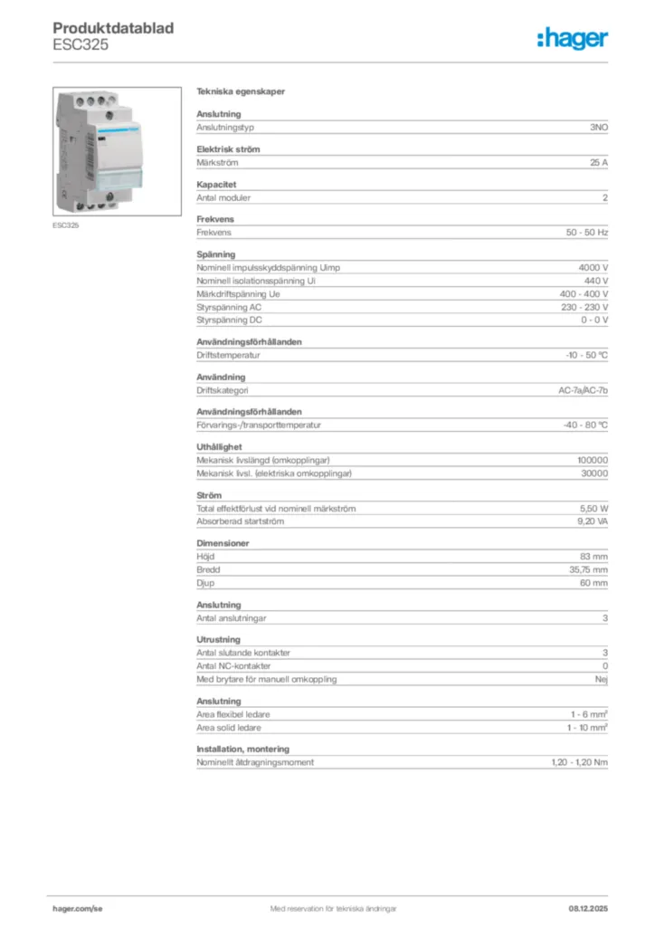 Bild Hager Produktdatablad ESC325 | Hager Sverige