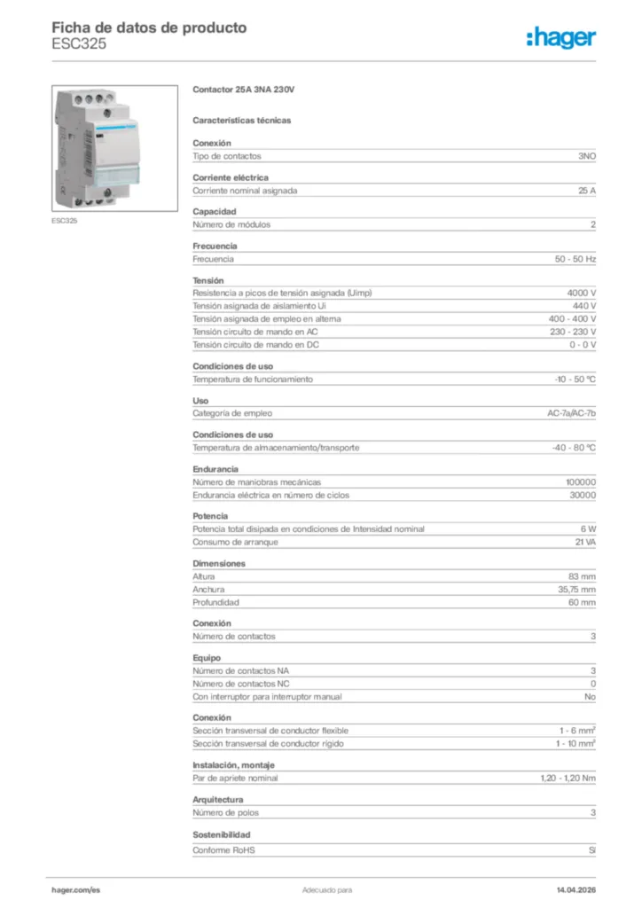 Imagen Hager Ficha de datos de producto ESC325 | Hager España