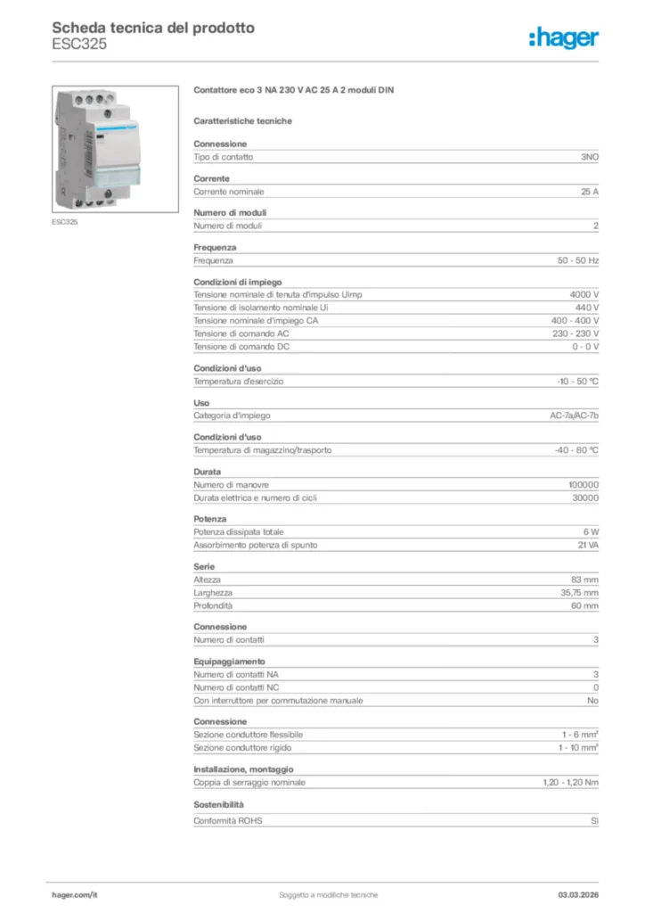Immagine Hager Scheda tecnica del prodotto ESC325 | Hager Italia