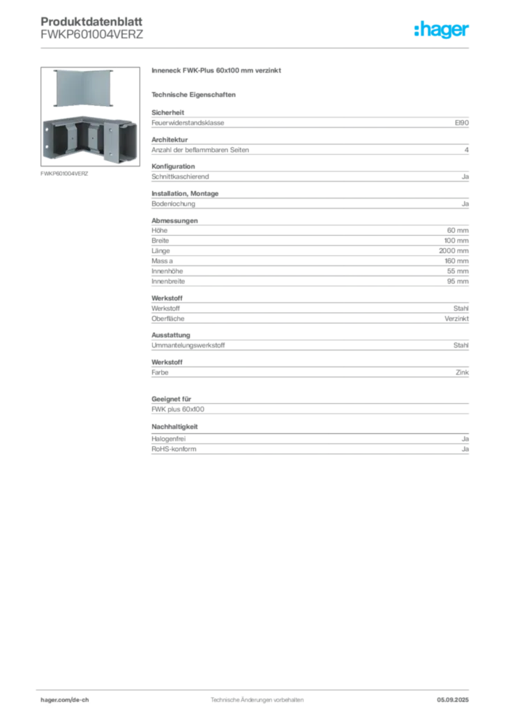 Bild Hager Produktdatenblatt FWKP601004VERZ | Hager Schweiz