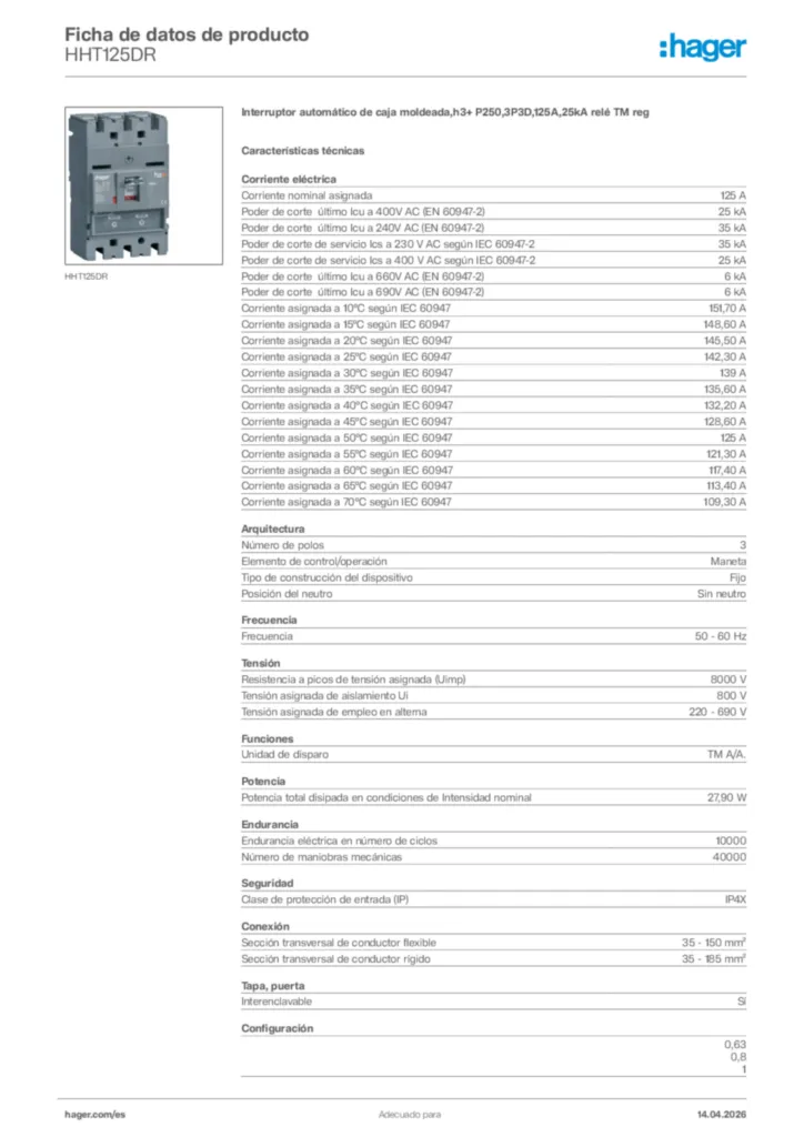 Imagen Hager Ficha de datos de producto HHT125DR | Hager España