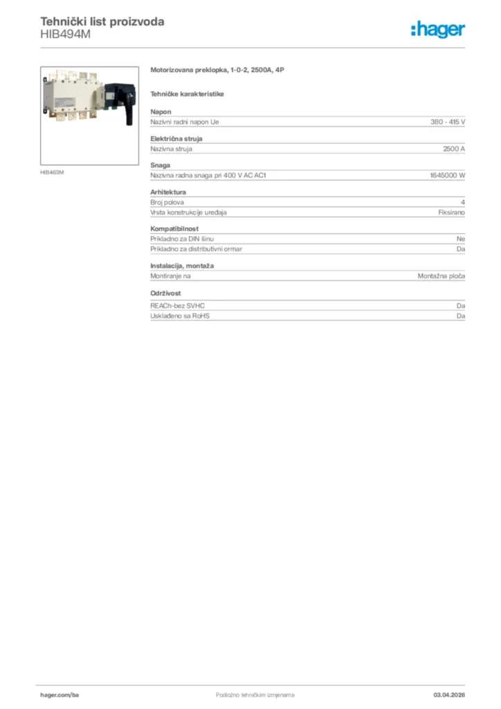 Slika Hager Tehnički list proizvoda HIB494M  | Hager