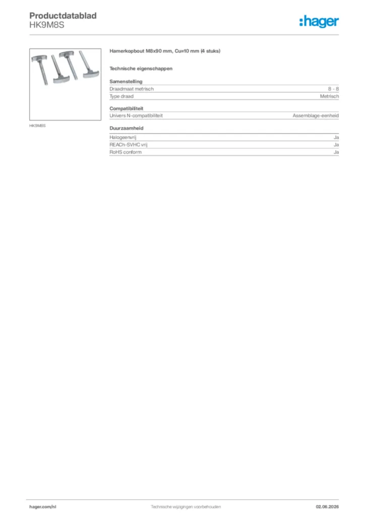 Afbeelding Hager Productdatablad HK9M8S | Hager Nederland