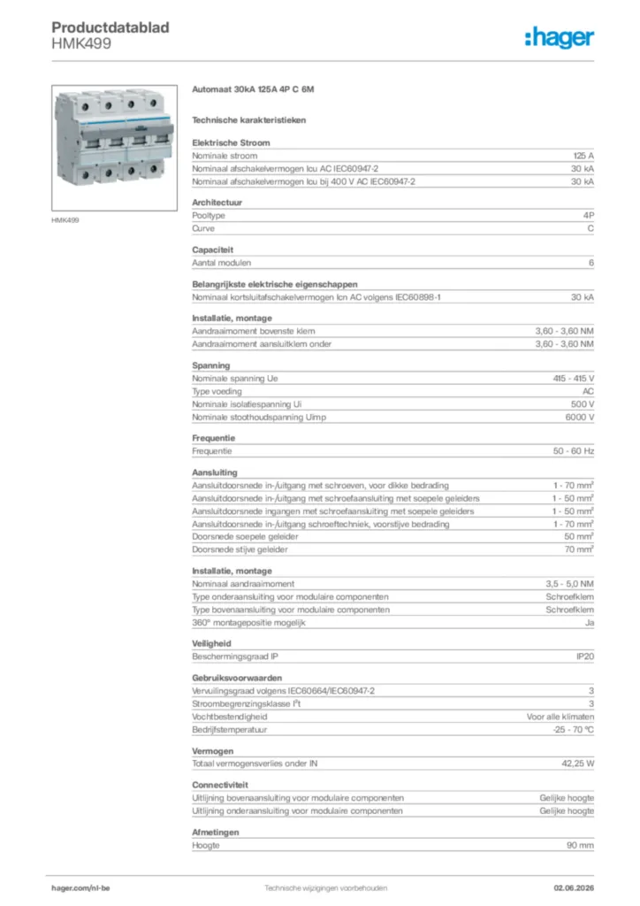 Afbeelding Hager Productdatablad HMK499 | Hager Belgium