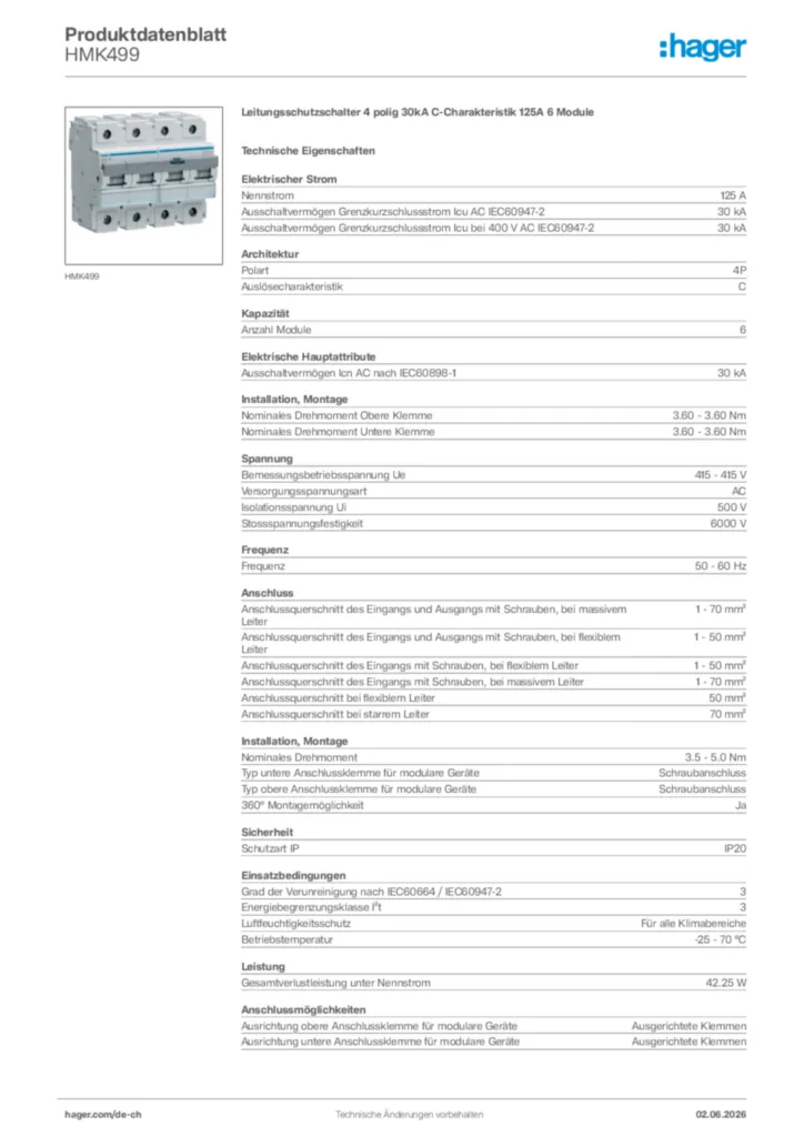 Bild Hager Produktdatenblatt HMK499 | Hager Schweiz
