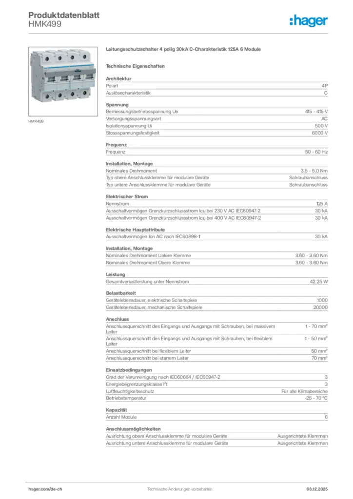 Bild Hager Produktdatenblatt HMK499 | Hager Schweiz