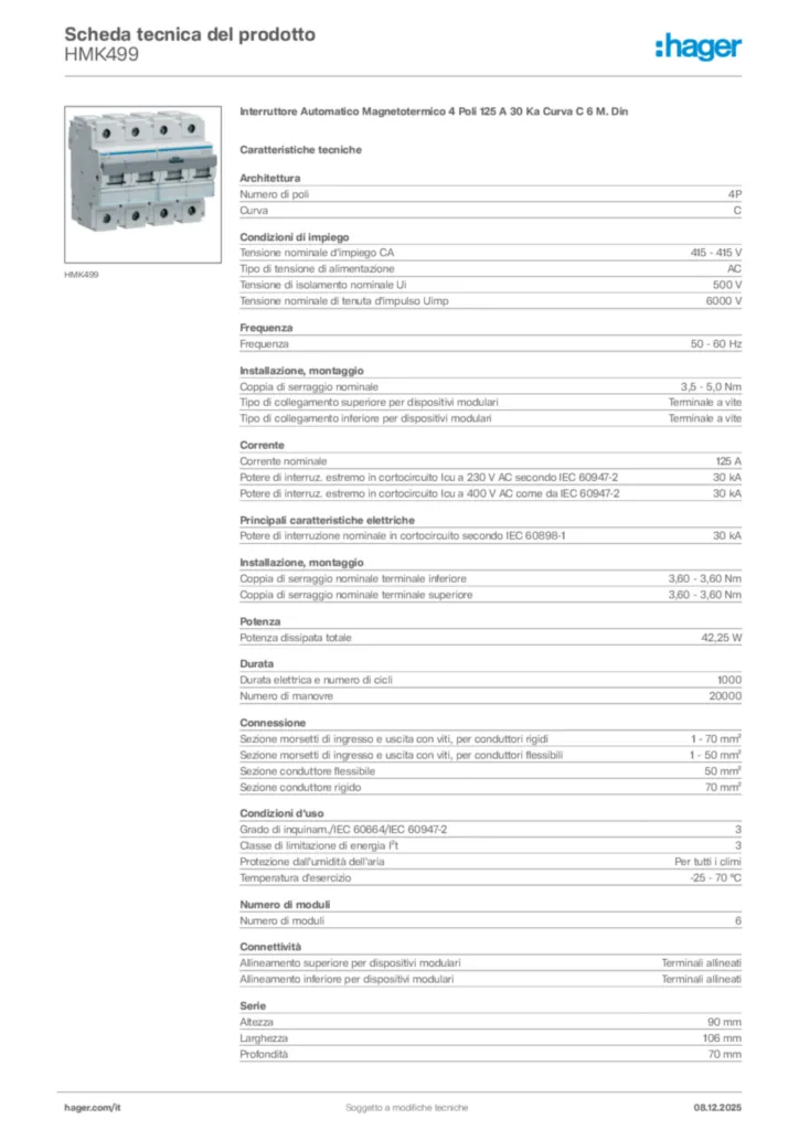 Immagine Hager Scheda tecnica del prodotto HMK499 | Hager Italia