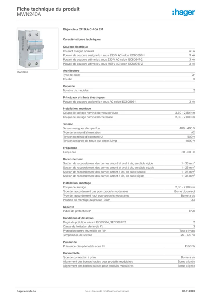 Image Hager Fiche technique du produit MWN240A | Hager Belgique