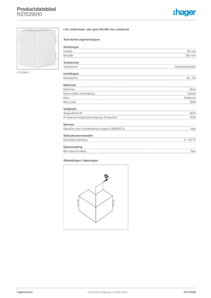 Afbeelding Hager Productdatablad R27029010 | Hager Nederland