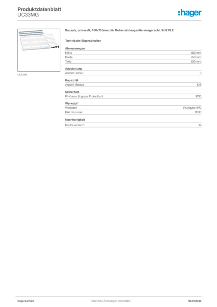 Bild Hager Produktdatenblatt UC33MG | Hager Deutschland