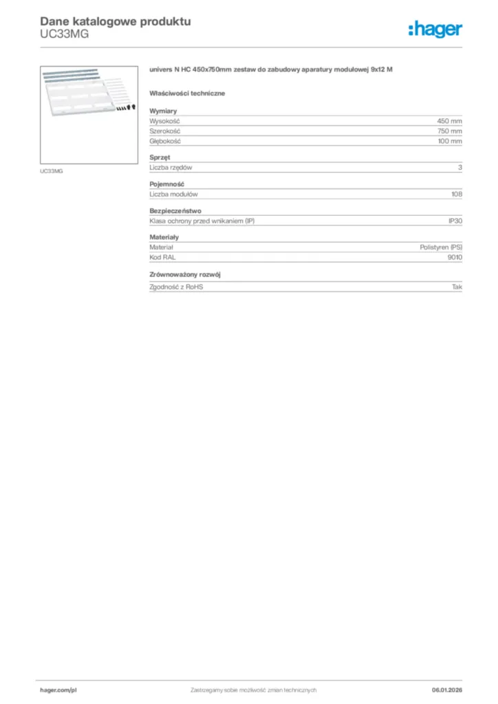 Zdjęcie Hager Karta katalogowa UC33MG | Hager Polska