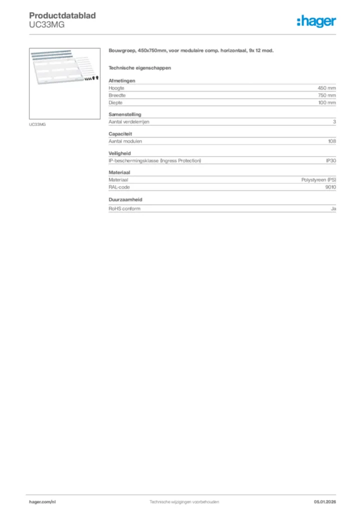 Afbeelding Hager Productdatablad UC33MG | Hager Nederland