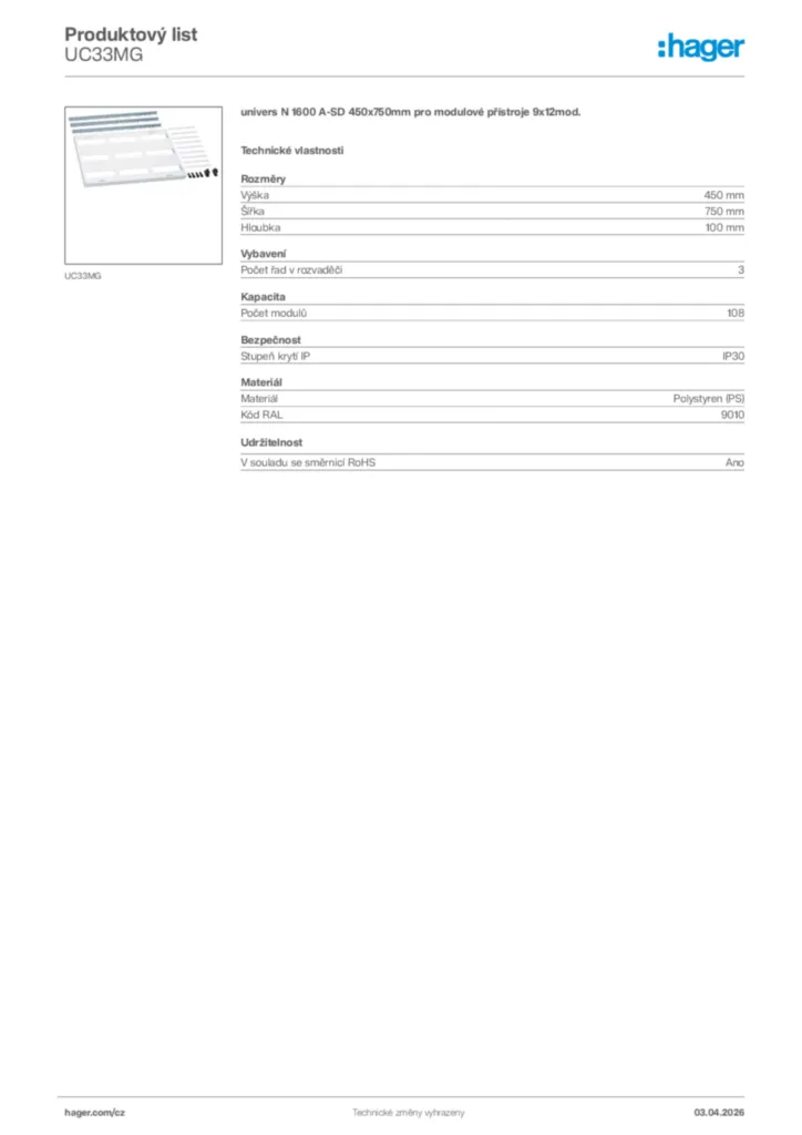 Obrázek Hager Product data sheet UC33MG | Hager