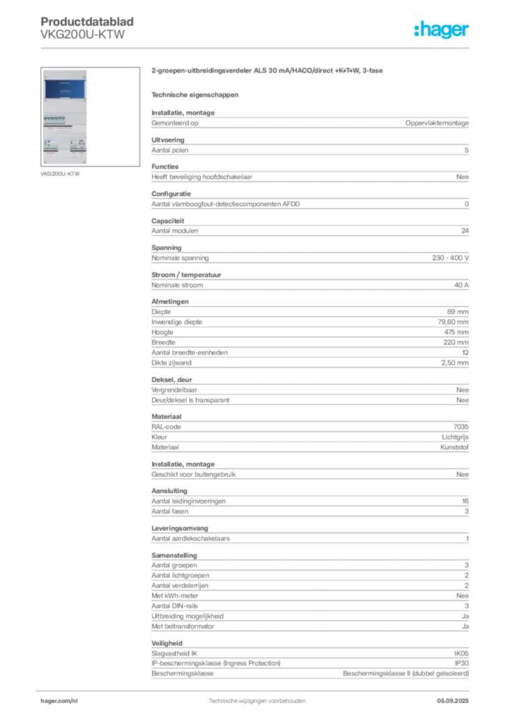 Afbeelding Hager Productdatablad VKG200U-KTW | Hager Nederland