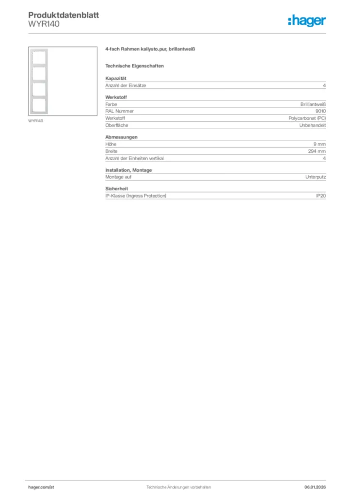 Bild Hager Produktdatenblatt WYR140 | Hager Deutschland