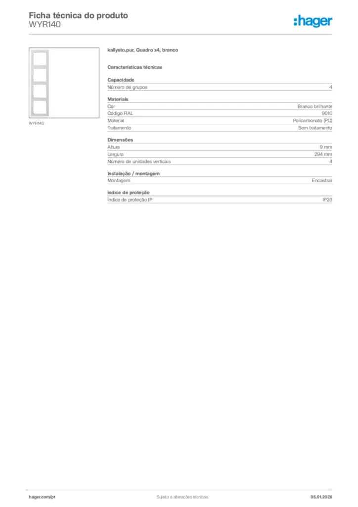 Imagem Hager Ficha técnica do produto WYR140 | Hager Portugal