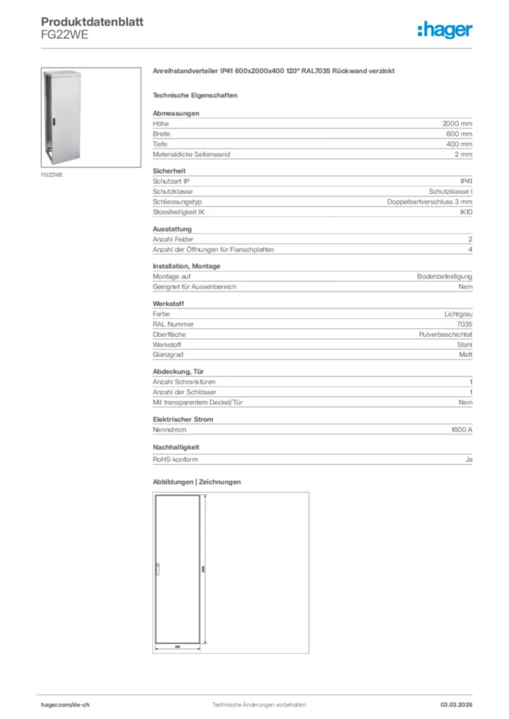 Bild Hager Produktdatenblatt FG22WE | Hager Schweiz