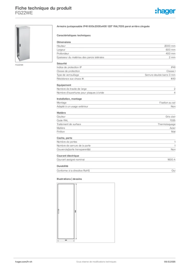 Image Hager Fiche technique du produit FG22WE | Hager Suisse