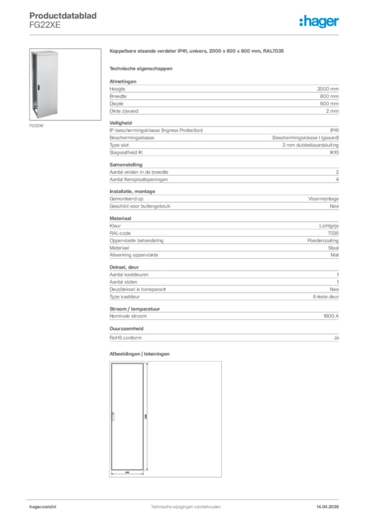 Afbeelding Hager Productdatablad FG22XE | Hager Nederland