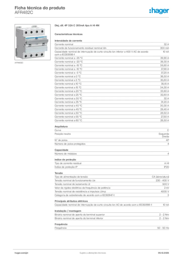 Imagem Hager Ficha técnica do produto AFR482C | Hager Portugal