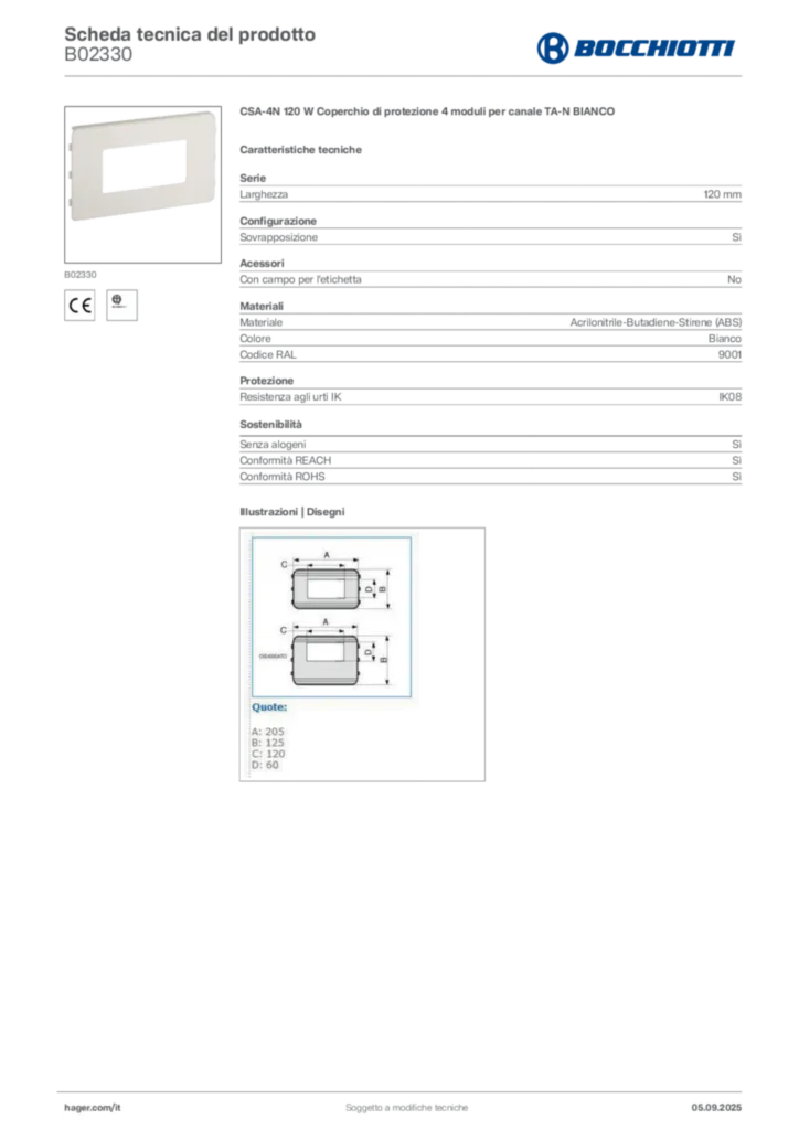 Immagine Bocchiotti Scheda tecnica del prodotto B02330 | Hager Italia