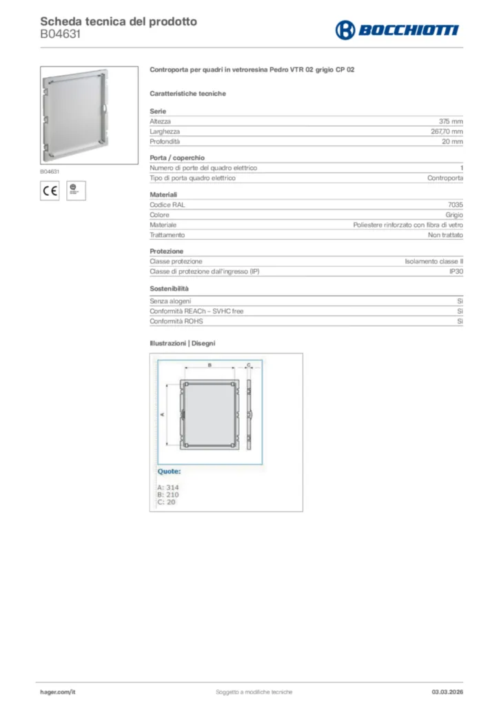 Immagine Bocchiotti Scheda tecnica del prodotto B04631 | Hager Italia