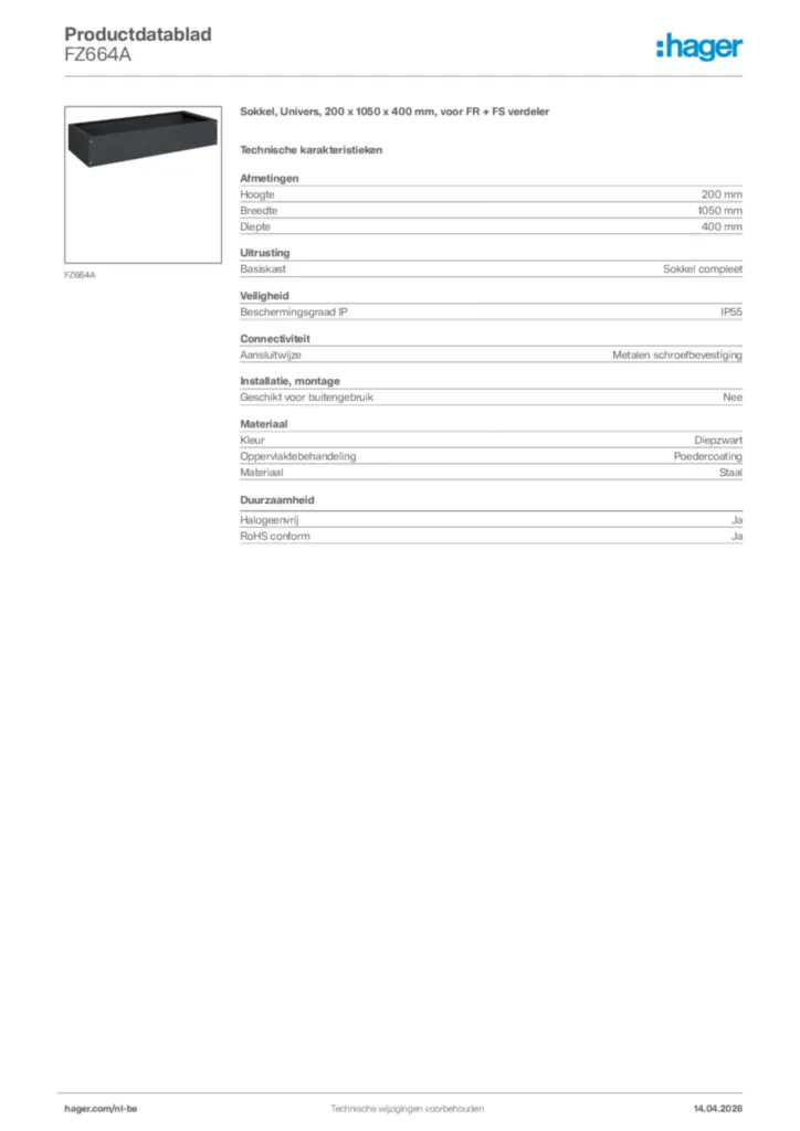 Afbeelding Hager Productdatablad FZ664A | Hager Belgium