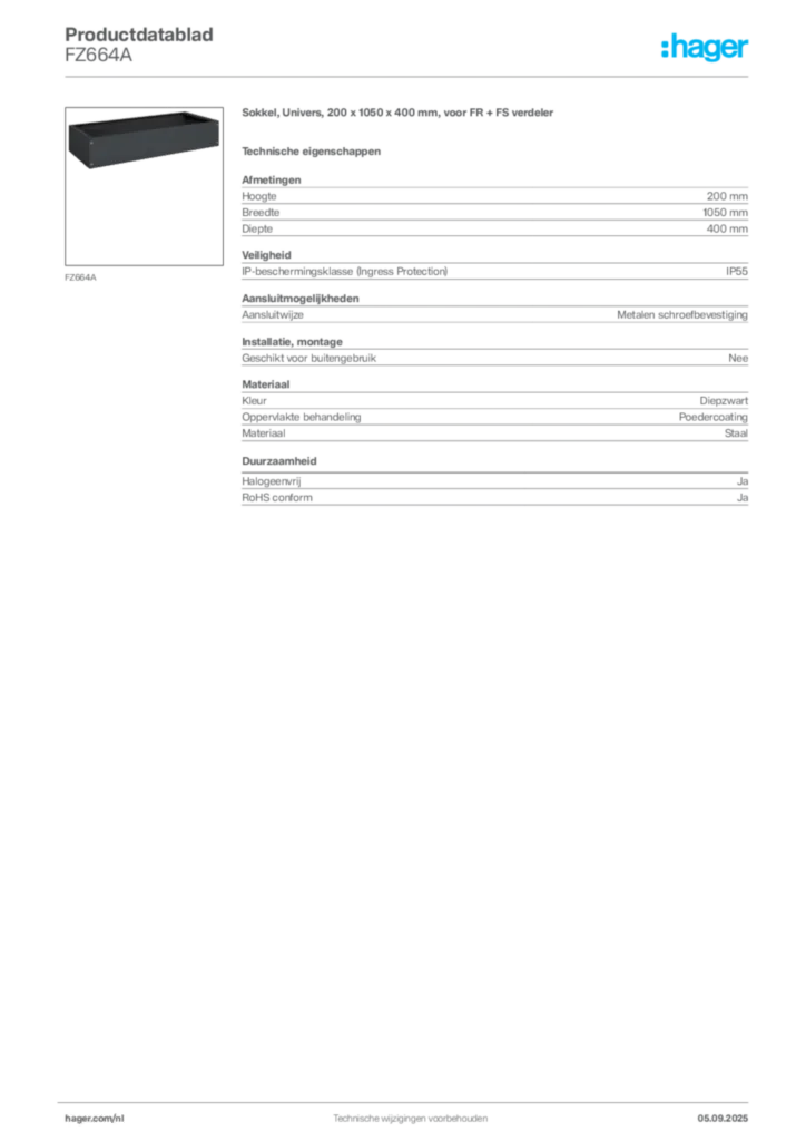 Afbeelding Hager Productdatablad FZ664A | Hager Nederland