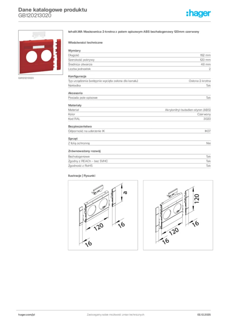Zdjęcie Hager Dane katalogowe produktu GB120213020 | Hager Polska
