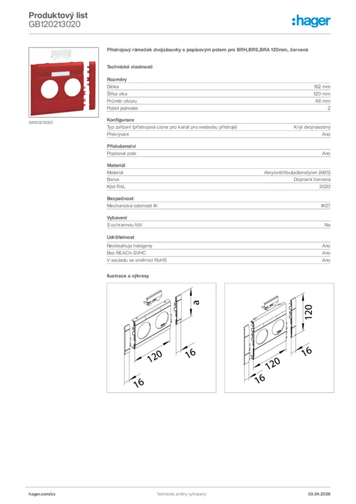 Obrázek Hager Product data sheet GB120213020 | Hager