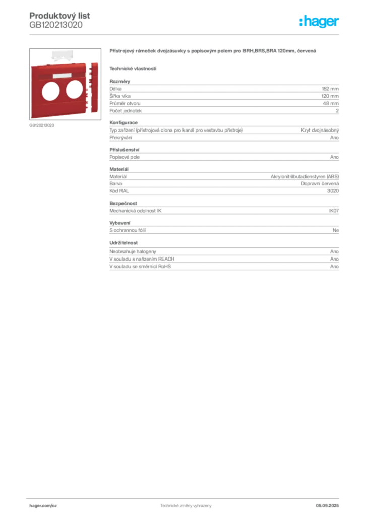 Obrázek Hager Produktový list GB120213020 | Hager