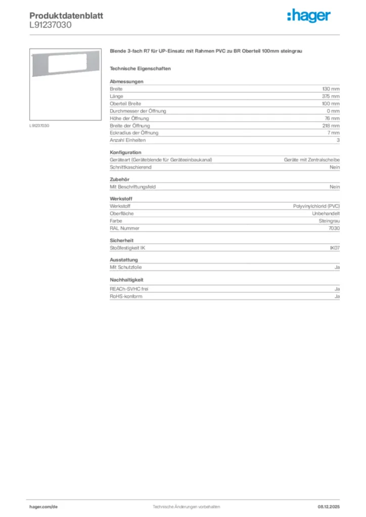Bild Hager Produktdatenblatt L91237030 | Hager Deutschland
