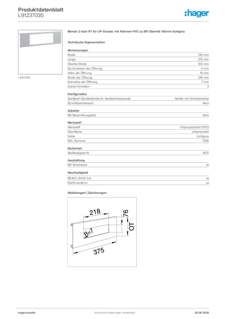 Bild Hager Produktdatenblatt L91237035 | Hager Deutschland
