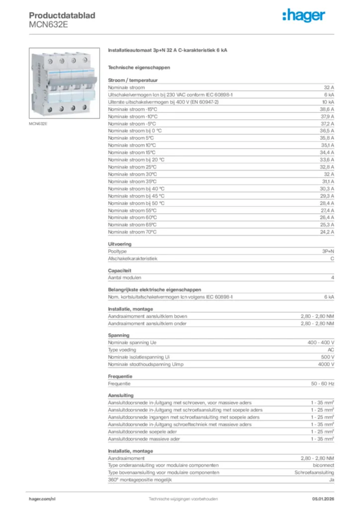 Afbeelding Hager Productdatablad MCN632E | Hager Nederland