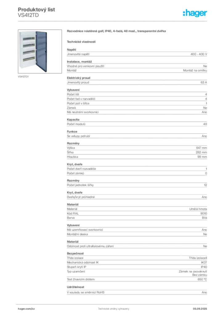 Obrázek Hager Produktový list VS412TD | Hager