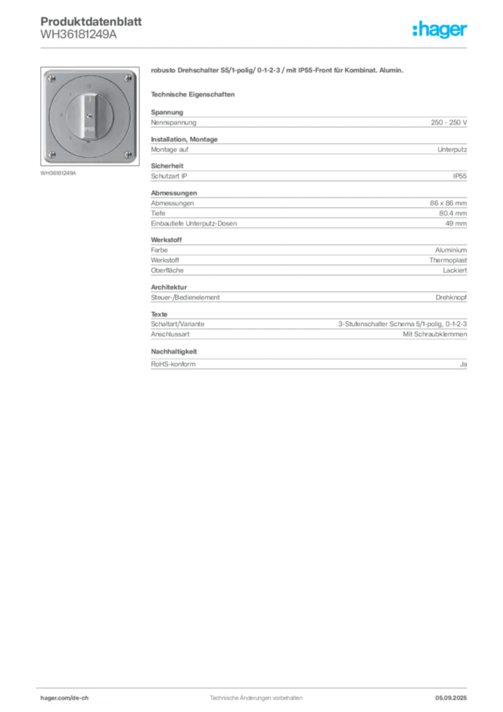 Bild Hager Produktdatenblatt WH36181249A | Hager Schweiz