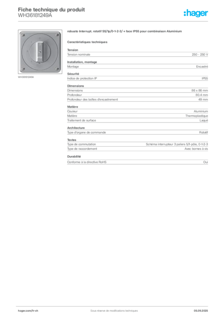 Image Hager Fiche technique du produit WH36181249A | Hager Suisse