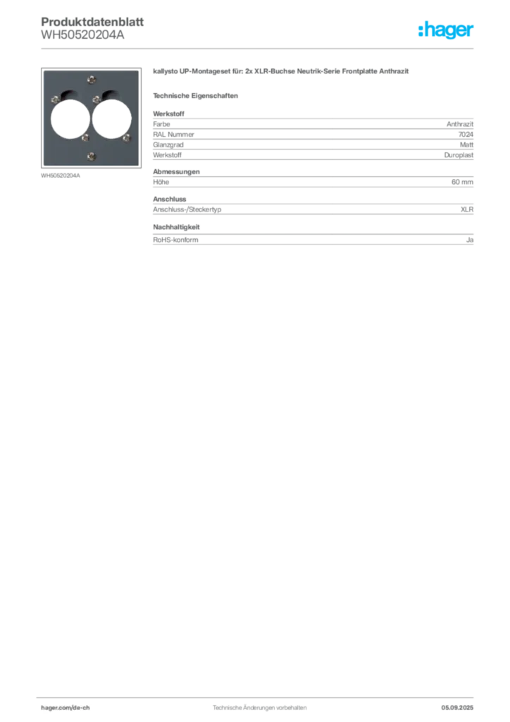 Bild Hager Produktdatenblatt WH50520204A | Hager Schweiz