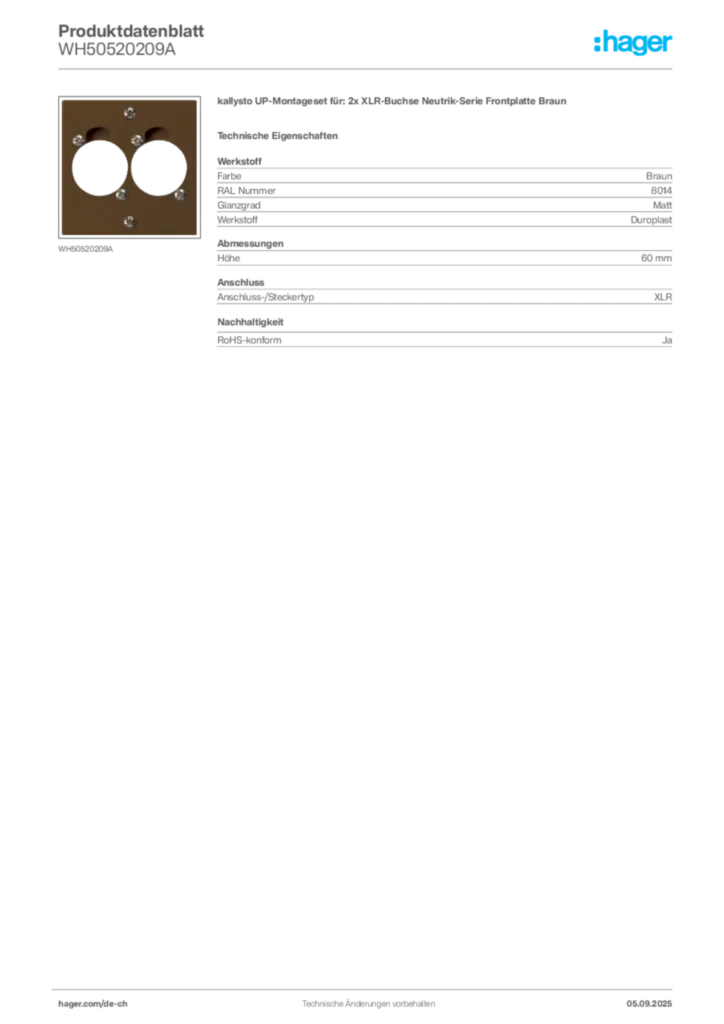 Bild Hager Produktdatenblatt WH50520209A | Hager Schweiz