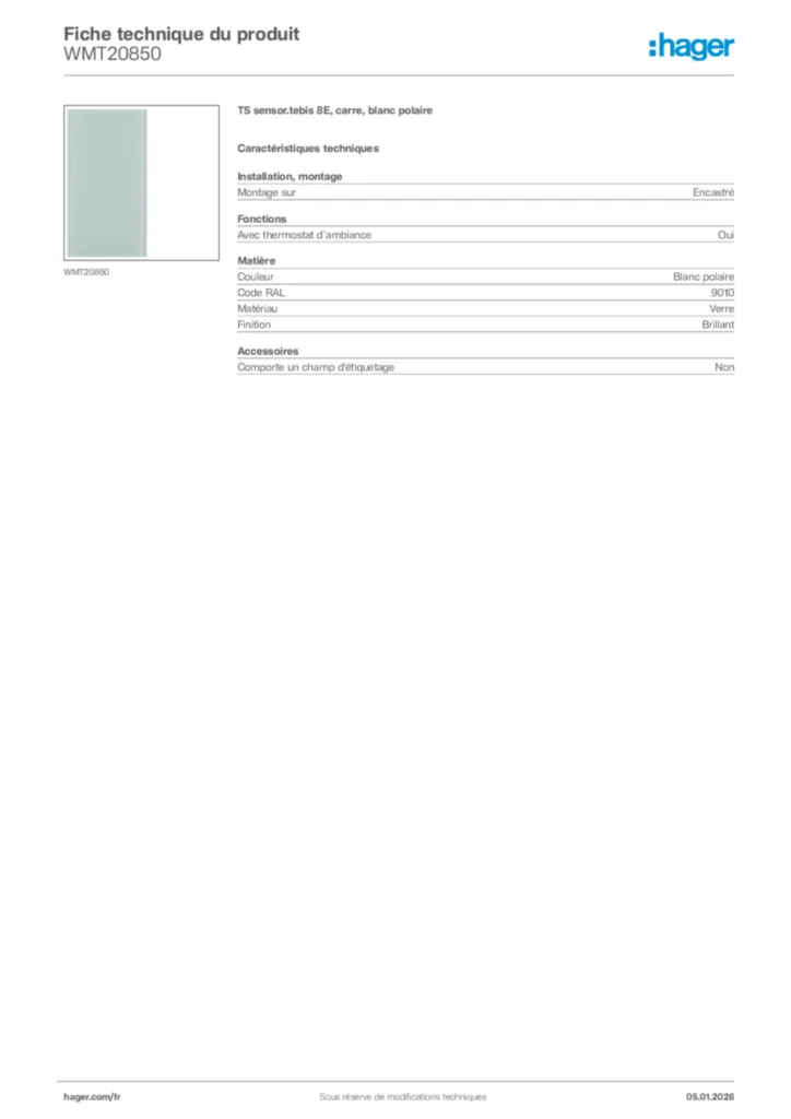 Image Hager Fiche technique du produit WMT20850 | Hager France