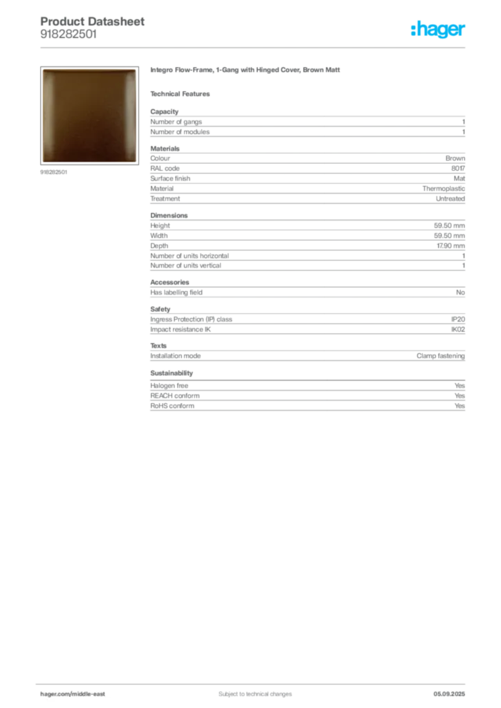 Image Hager Product data sheet 918282501  | Hager