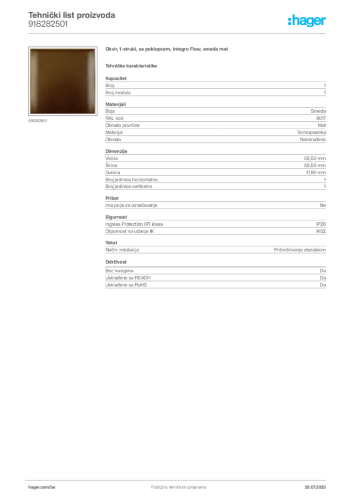 Slika Hager Product data sheet 918282501  | Hager