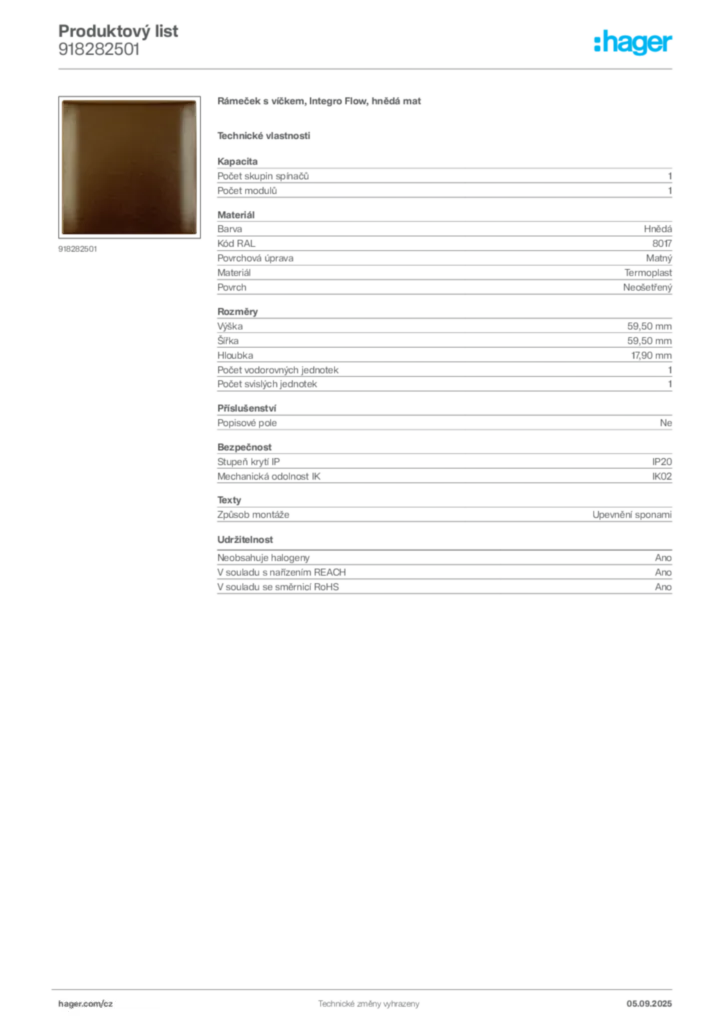 Obrázek Hager Produktový list 918282501 | Hager