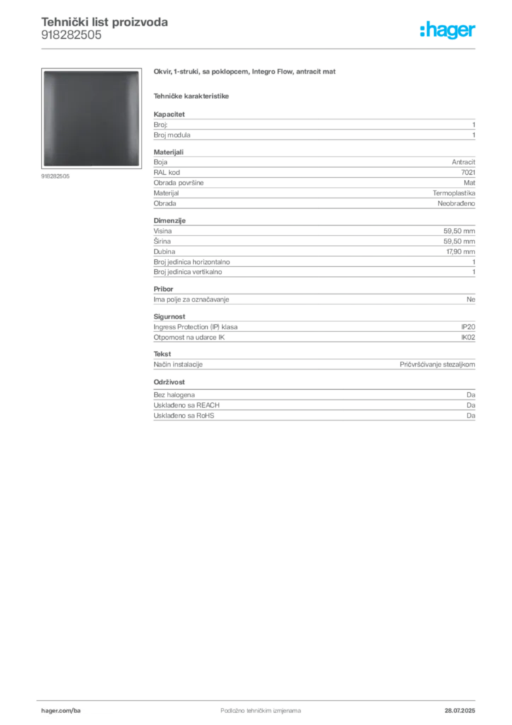 Slika Hager Product data sheet 918282505  | Hager